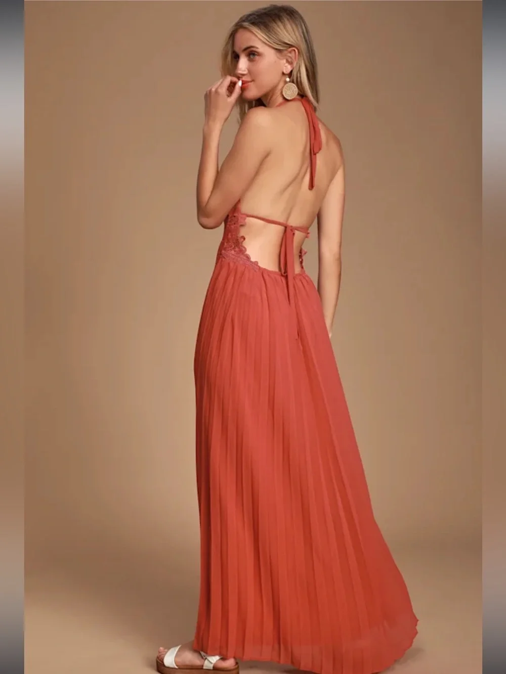 Lulu's Pleated Halter Maxi Dress in Terracotta - Picture 2 of 13